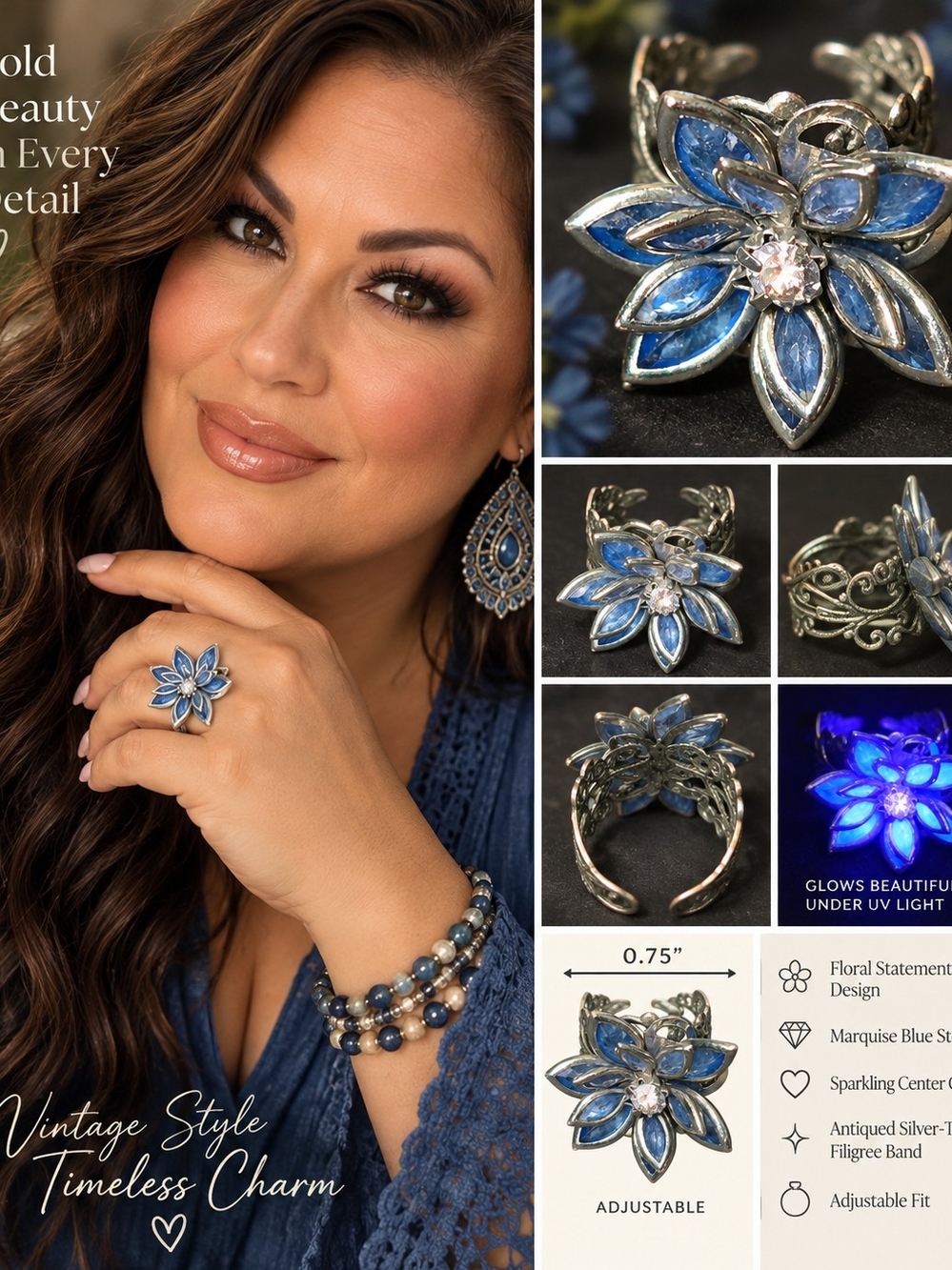Vintage Style Blue Marquise Crystal Flower Adjustable Statement Cocktail Ring